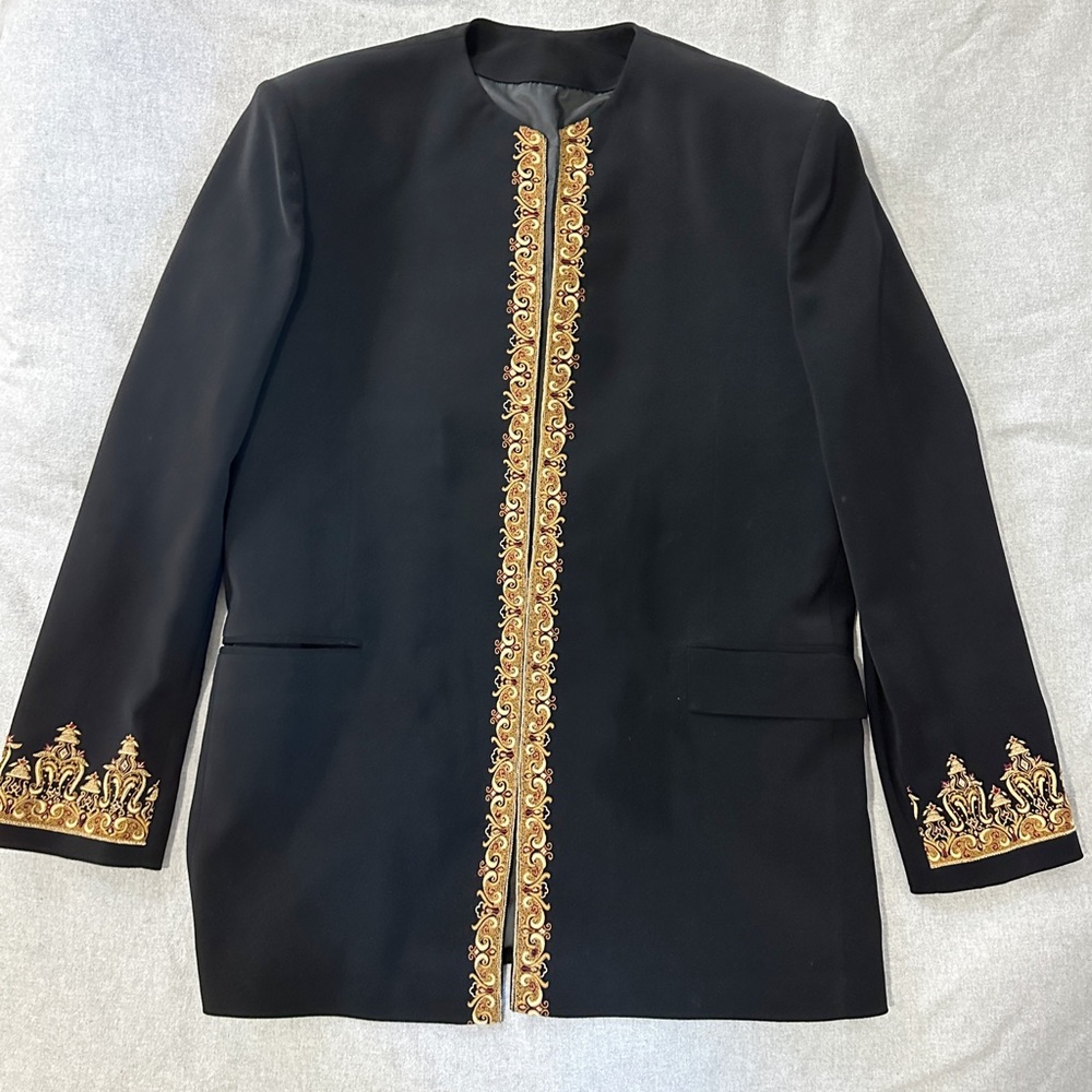Great Condition Men Traditional Nehru Jacket Black Gold Design Silky interior